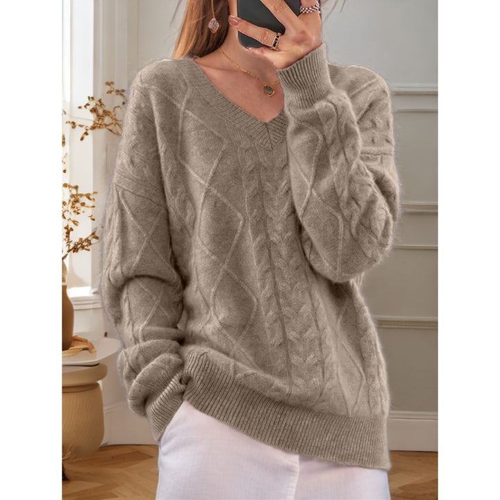 Damen nan kuscheliger V-Ausschnitt Zopfmuster-Pullover mit Oversize-Schnitt und Rippabschlüssen Drune