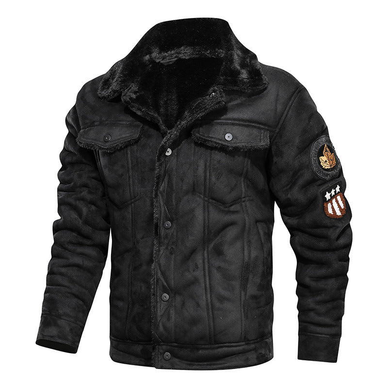 Herren Lammfellimitat Truckerjacke mit Kunstfellfutter und Abzeichen Drune