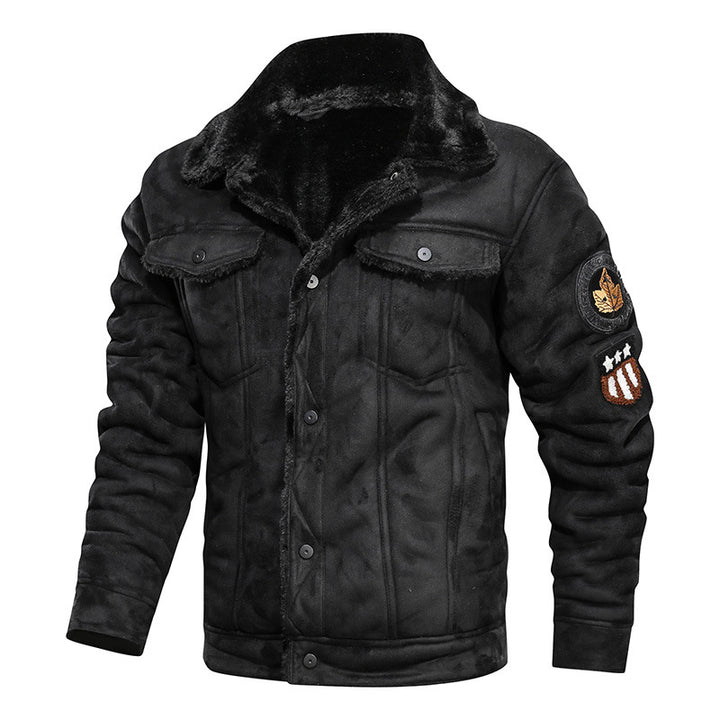Herren Lammfellimitat Truckerjacke mit Kunstfellfutter und Abzeichen Drune