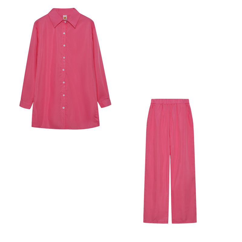 Damen Satin Pyjama Set mit langärmliger Bluse und weiten Hosen Drune