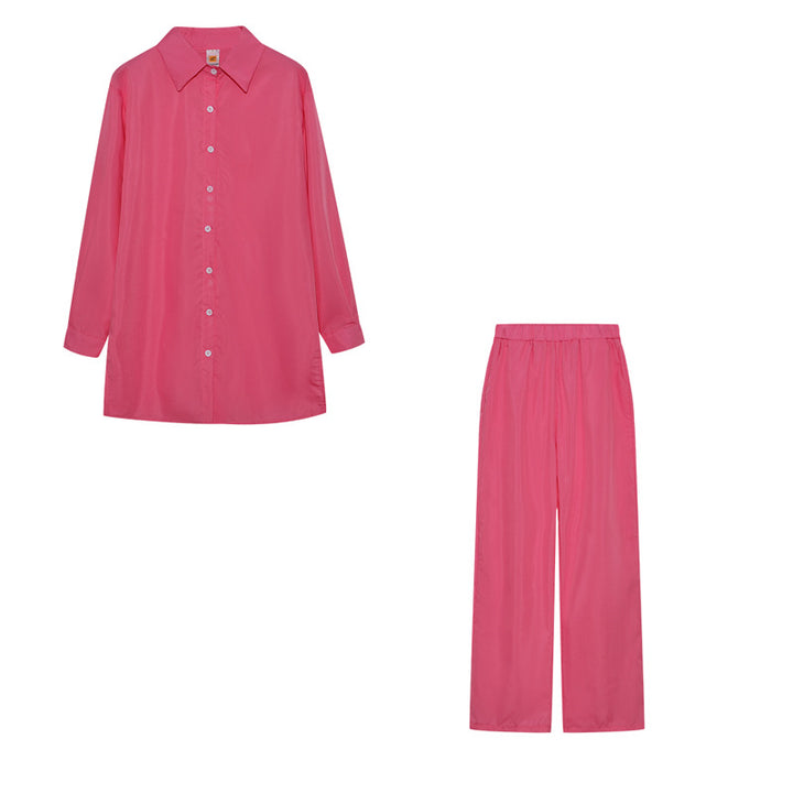 Damen Satin Pyjama Set mit langärmliger Bluse und weiten Hosen Drune