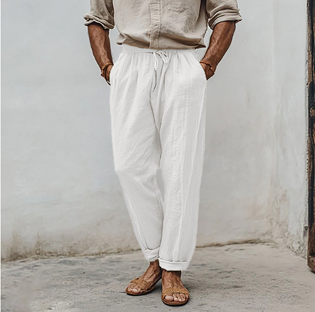 Herren lässige Leinenmisch-Joggerhose mit Kordelzug, angeschrägten Eingrifftaschen und schmalem Knöchelabschluss Drune