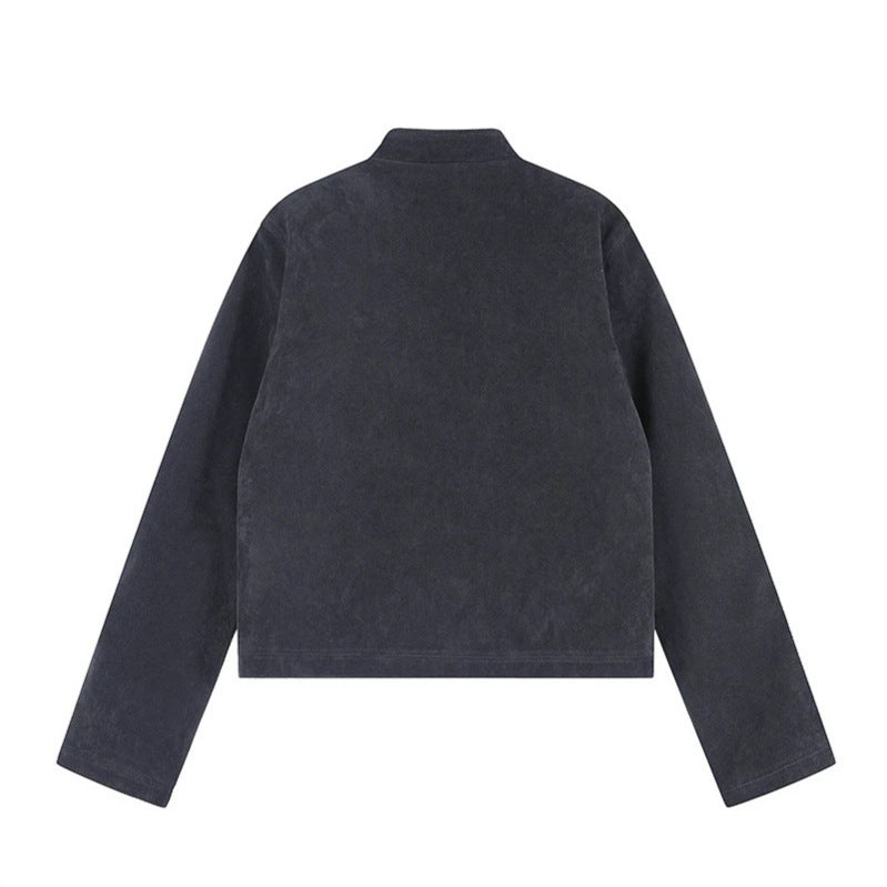 Damen Kurzjacke aus Veloursleder im militärischen Stil mit Stehkragen und Zierriegeln Drune