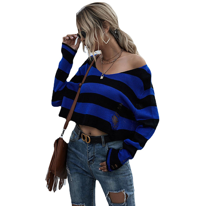Damen Lässiger Crop-Pullover mit Streifen und Destroyed-Details Drune