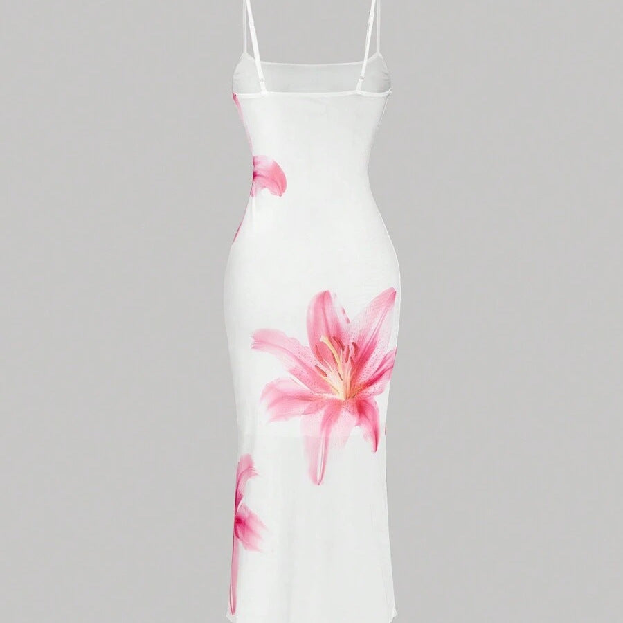 Damen sommerliches Blumenkleid mit feinen Spaghetti-Trägern und fließendem Schnitt Drune