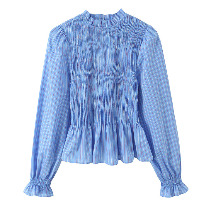 Damen Gestreifte Bluse mit Smok-Front, Stehkragen und Volant-Saum Drune
