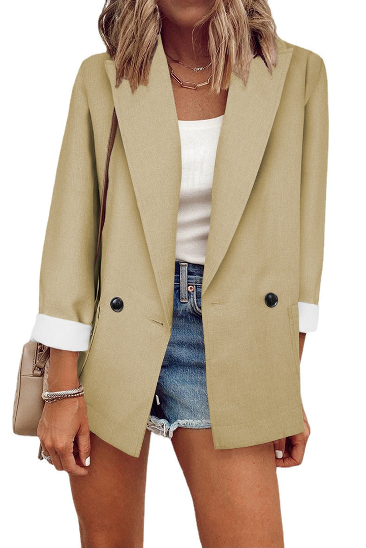 Damen Oversize Longline-Blazer mit 3/4-Ärmeln, Kontrastumschlag und aufgesetzten Taschen Drune