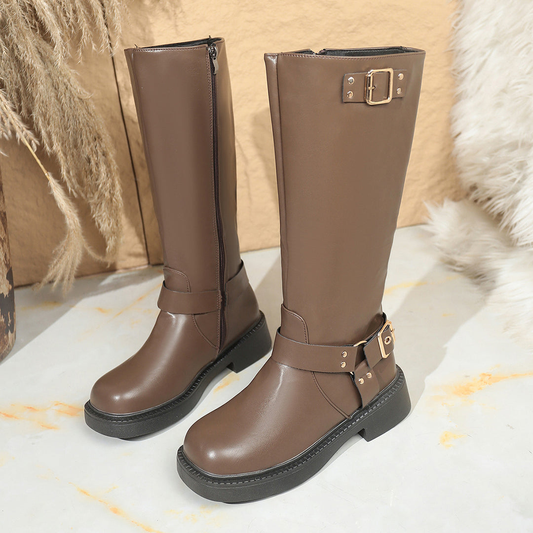 Damen Kniehohe Bikerstiefel mit seitlichem Reißverschluss und Dekorschnallen Drune