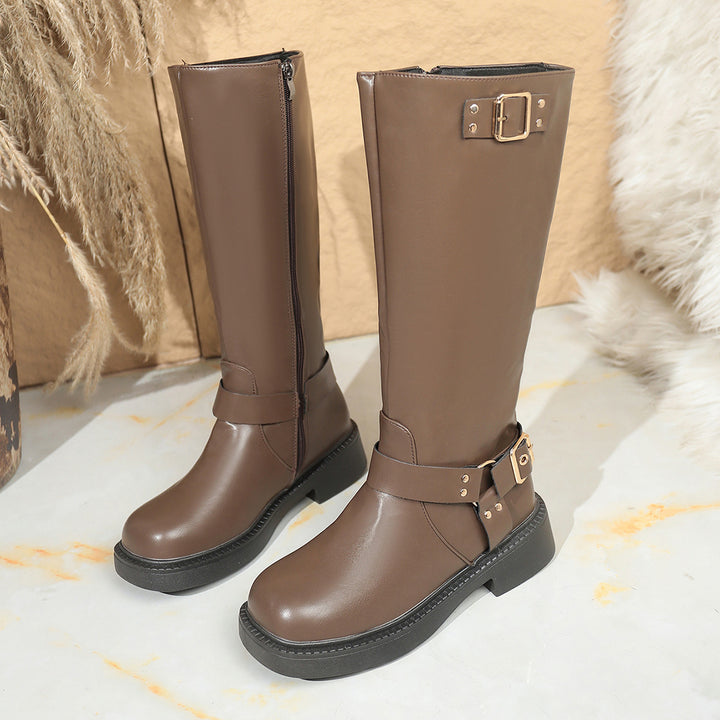 Damen Kniehohe Bikerstiefel mit seitlichem Reißverschluss und Dekorschnallen Drune