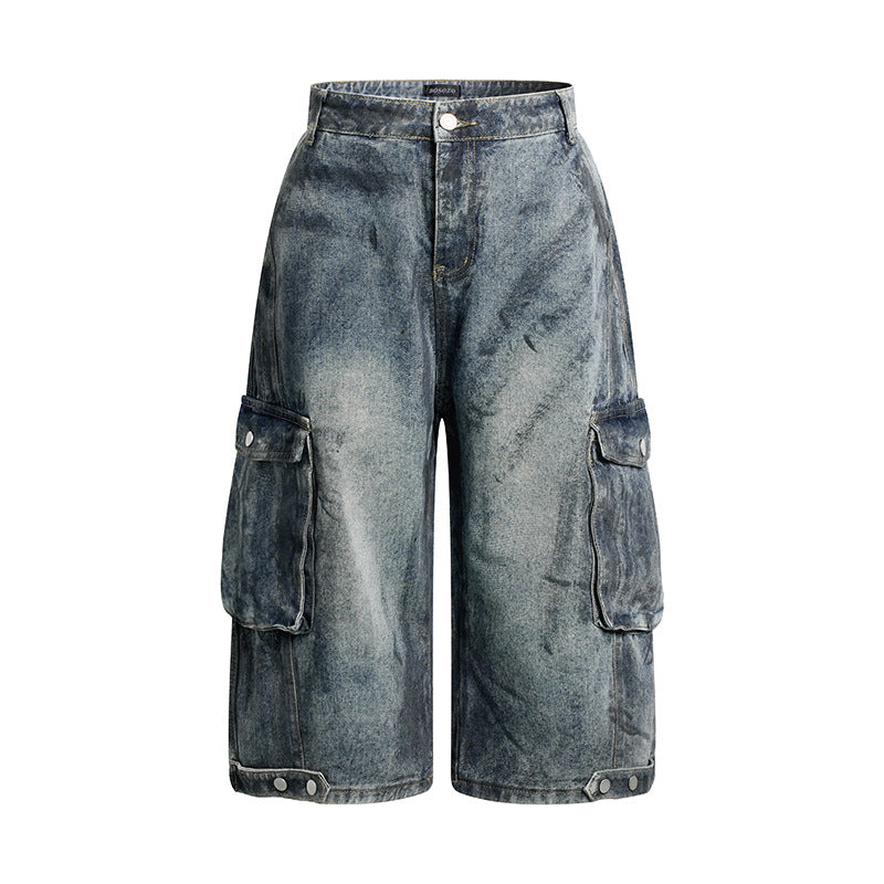 Damen High-Waist Denim-Cargo-Culotte mit weiten Beinen und aufgesetzten Taschen Drune