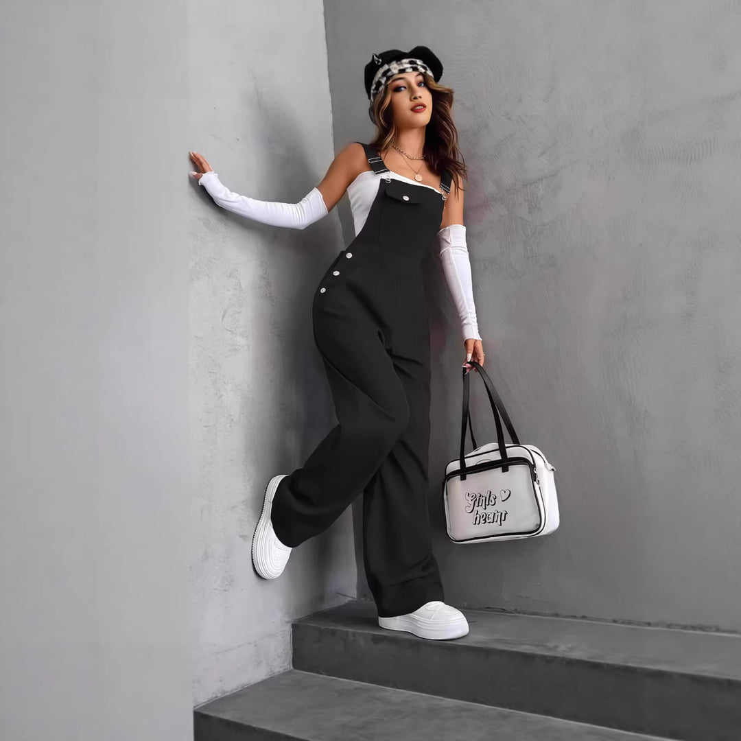 Damen nan weite Latzhose mit seitlichen Zierknöpfen, Brusttasche und weitem Bein Drune