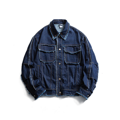 Herren Oversize Jeansjacke mit ausgefransten Kanten und großen Pattenstaschen Drune