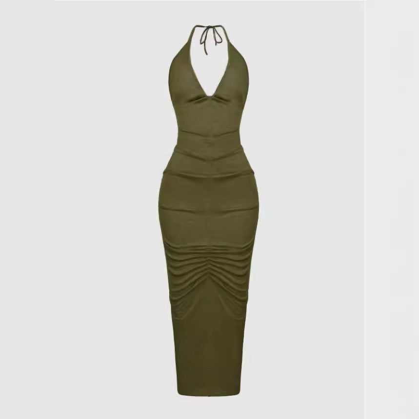 Damen Elegantes Maxikleid mit tiefem V-Ausschnitt und Raffung Drune