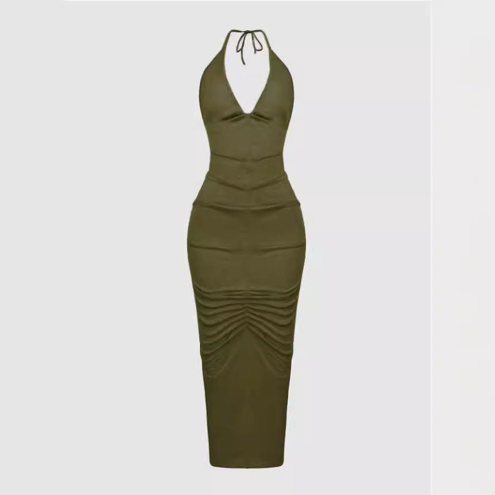 Damen Elegantes Maxikleid mit tiefem V-Ausschnitt und Raffung Drune