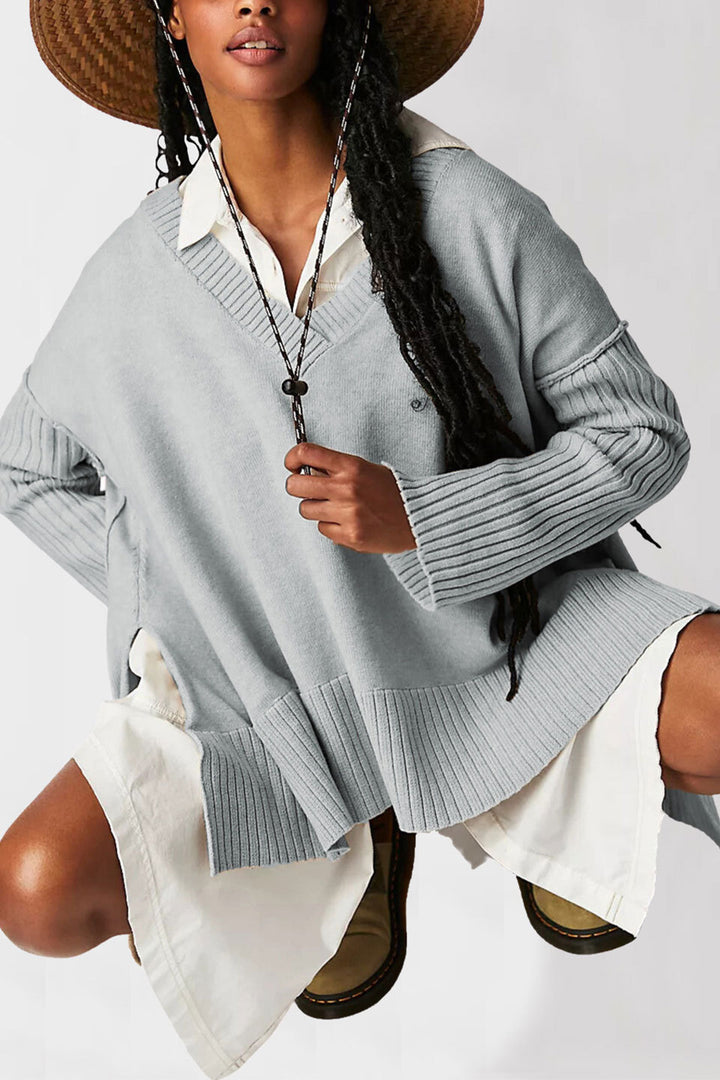 Damen lässiger V-Ausschnitt Pullover mit strukturierten Ärmeln und Oversized-Schnitt Drune