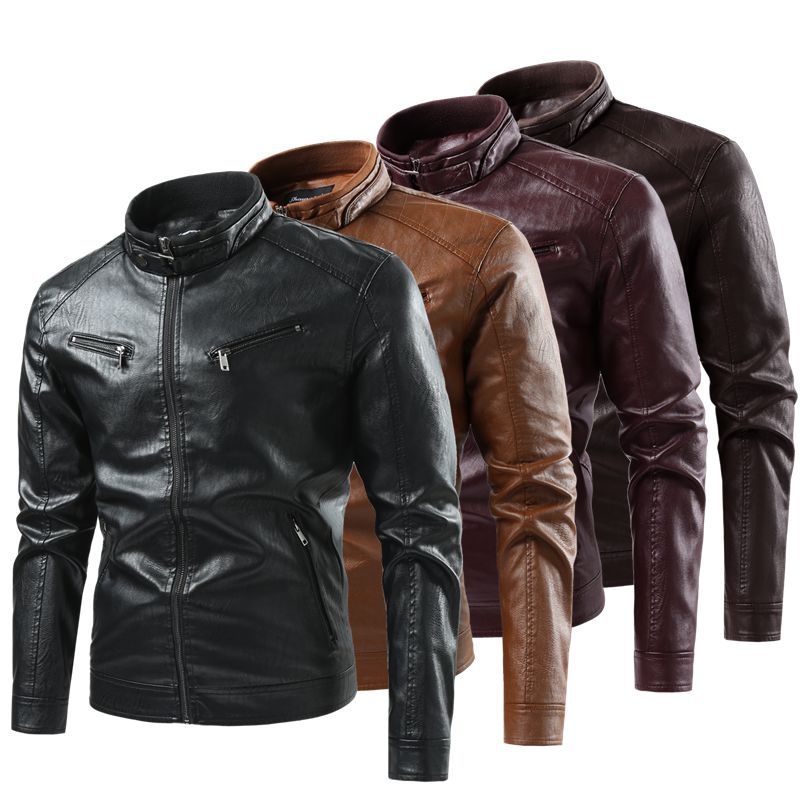 Herren Moderne Kunstlederjacke mit Stehkragen und Reißverschlusstaschen Drune