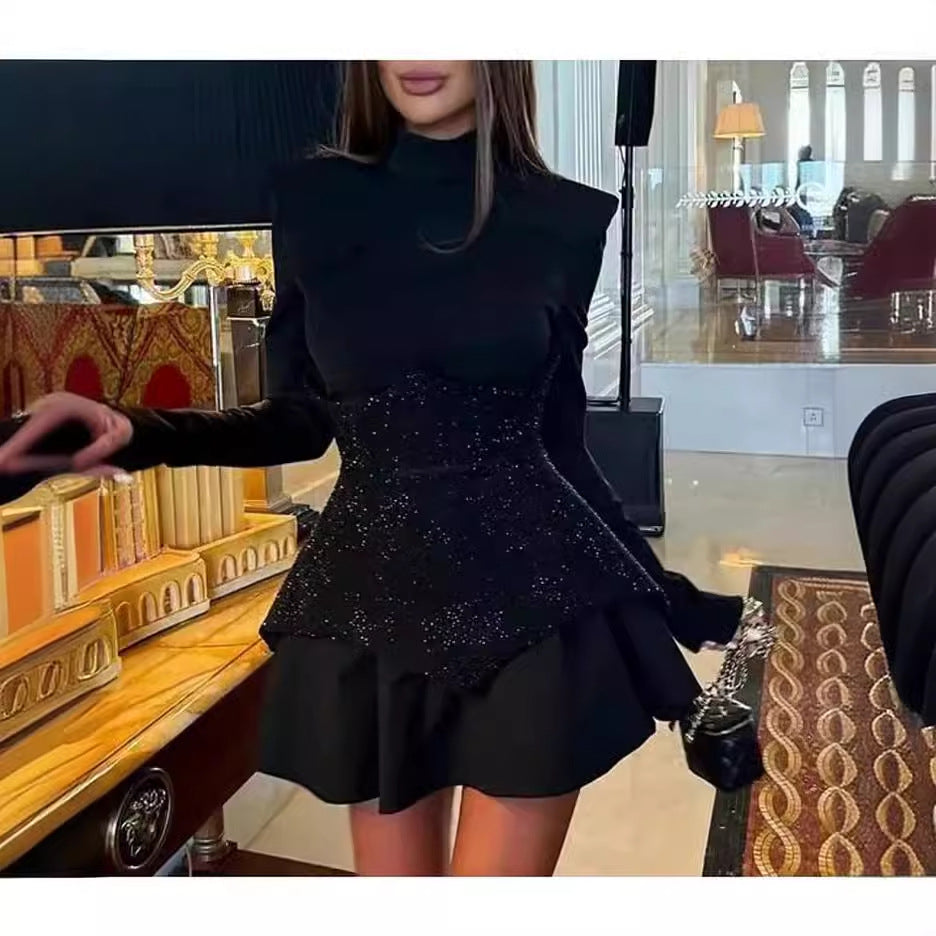 Damen Elegantes Partykleid mit schimmerndem Oberteil und ausgestelltem Rock Drune