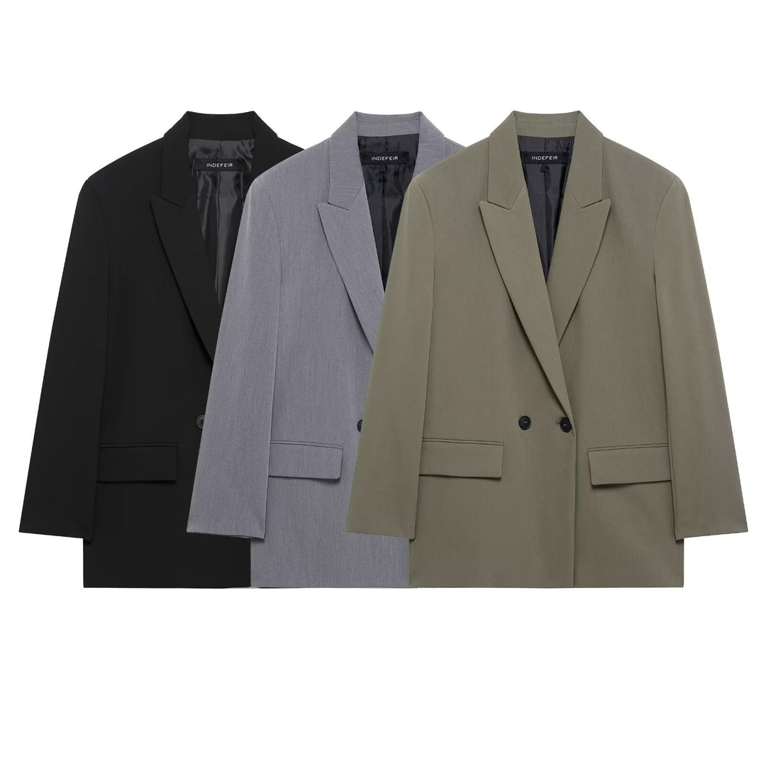 Damen Langer Zweireihiger Blazer-Mantel mit Oversize-Schnitt und Pattentaschen Drune