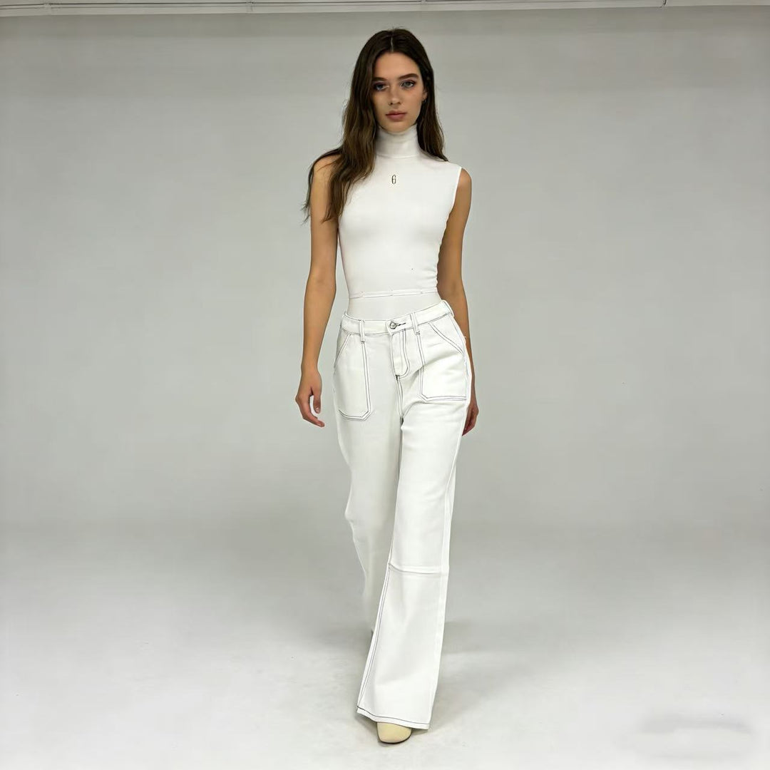 Damen nan hochgeschnittene Relaxed-Jeans mit geradem Bein und aufgesetzten Fronttaschen Drune