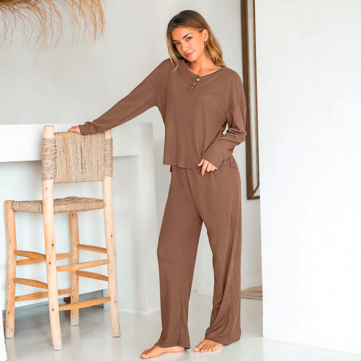 Damen lässiges Lounge-Kombinationsset aus hochwertigem Waffelmaterial mit Knopfleiste und weitem Schnitt Drune