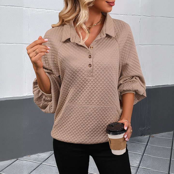 Damen Stepp-Polo-Sweatshirt mit Knopfleiste, Kängurutasche und Balloon-Ärmeln Drune