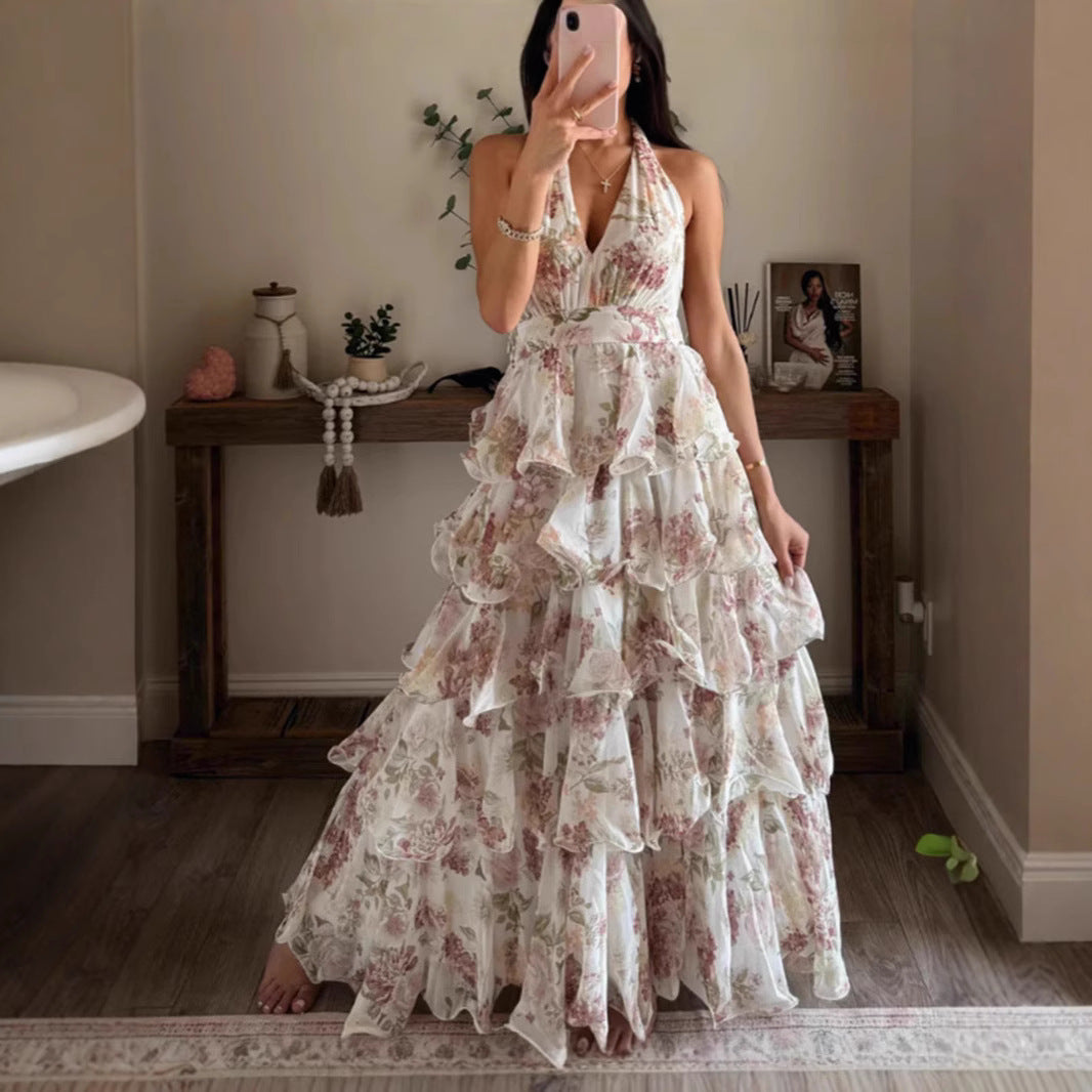 Damen Maxikleid mit romantischen Volants und floralem Druck Drune
