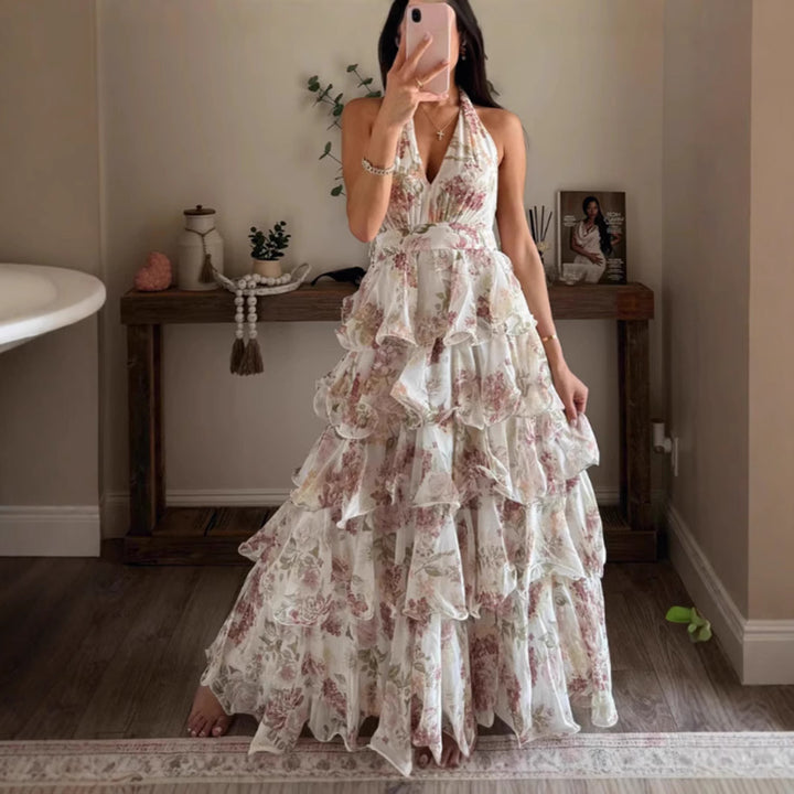 Damen Maxikleid mit romantischen Volants und floralem Druck Drune