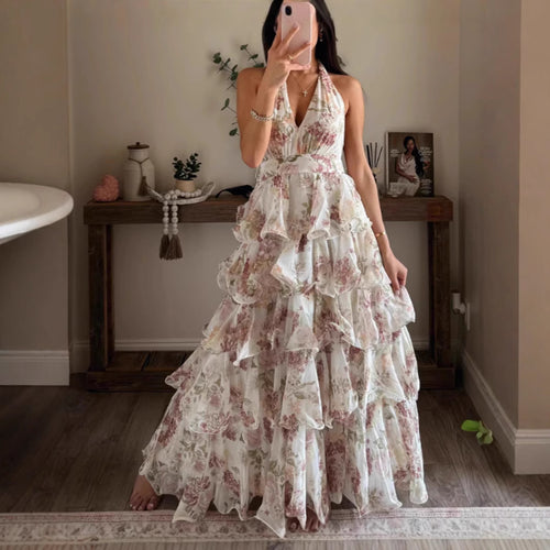 Damen Maxikleid mit romantischen Volants und floralem Druck Drune