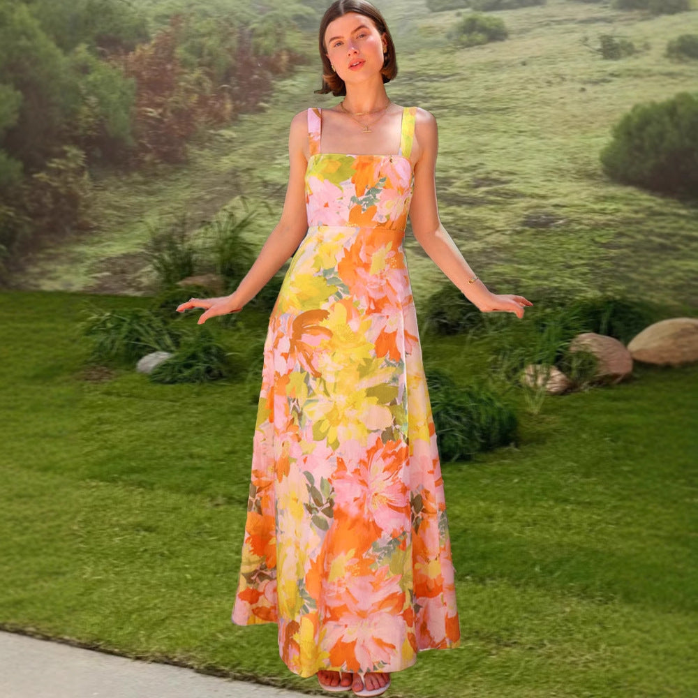 Damen Florales Maxikleid mit tailliertem Schnitt und Spaghettiträgern Drune