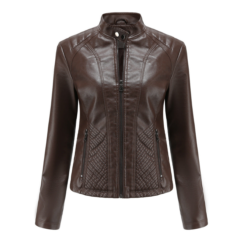 Damen nan taillierte Kunstlederjacke im Bikerstil mit Stehkragen und gesteppter Seitenpartie Drune