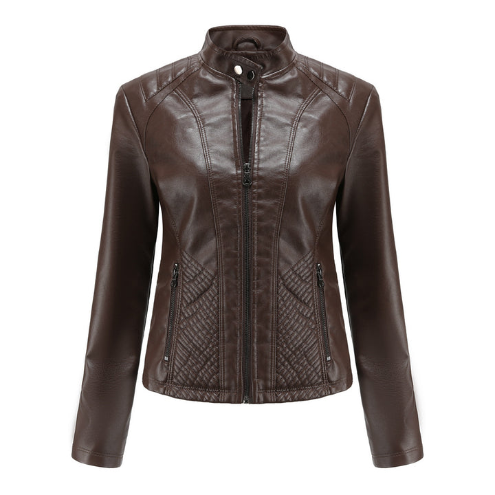 Damen nan taillierte Kunstlederjacke im Bikerstil mit Stehkragen und gesteppter Seitenpartie Drune