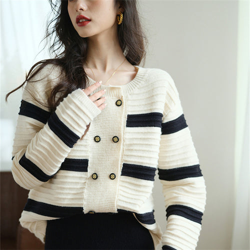 Damen Strickjacke mit dekorativen Knöpfen und gestreiftem Design Drune