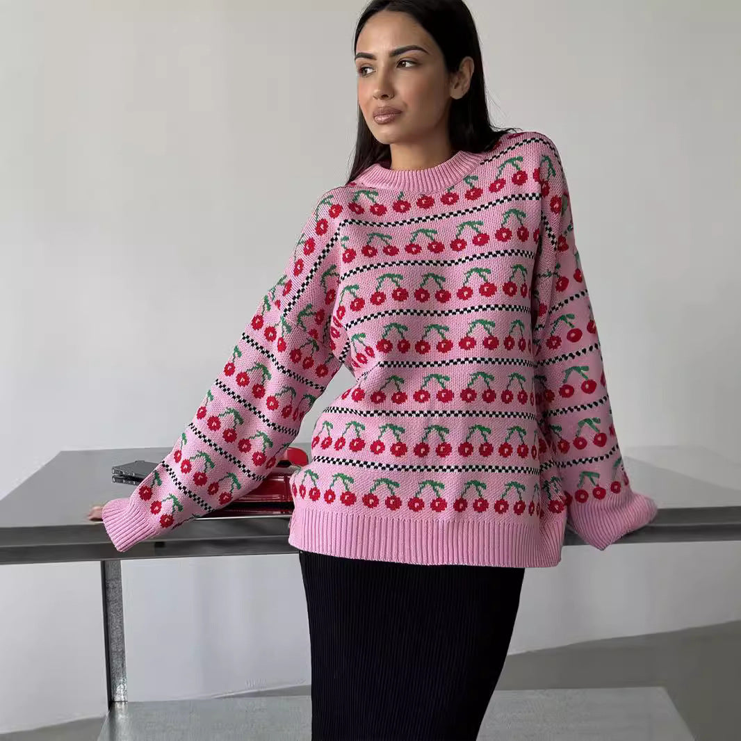 Damen trendiger Strickpullover mit fröhlichem Kirschmotiv Drune