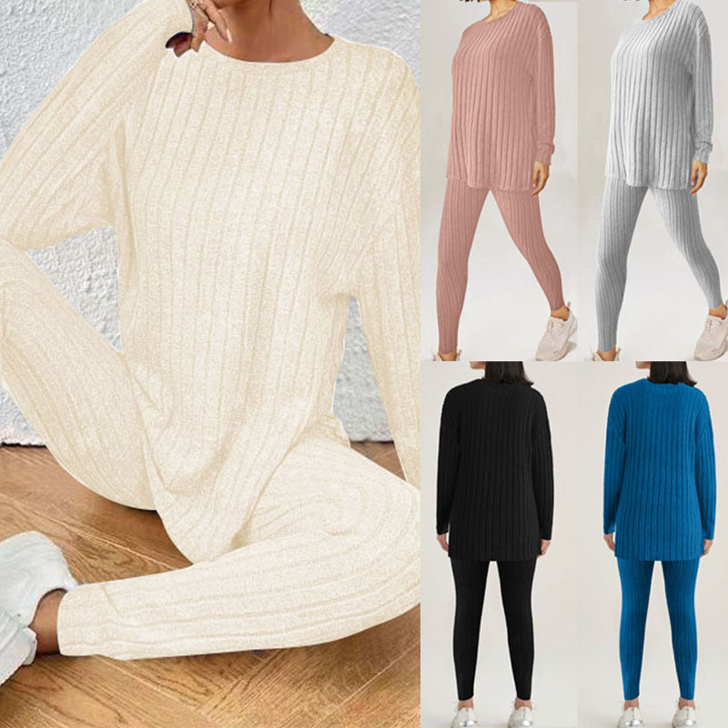 Damen Geripptes Relax‑Zweiteiler aus Feinstrick mit Rundhalsausschnitt und Slim‑Jogger Drune