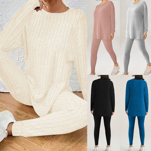 Damen Geripptes Relax‑Zweiteiler aus Feinstrick mit Rundhalsausschnitt und Slim‑Jogger Drune