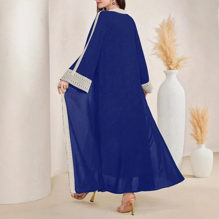 Damen Langes Open‑Front Kaftan‑Mantel mit Häkelspitzenbesatz Drune