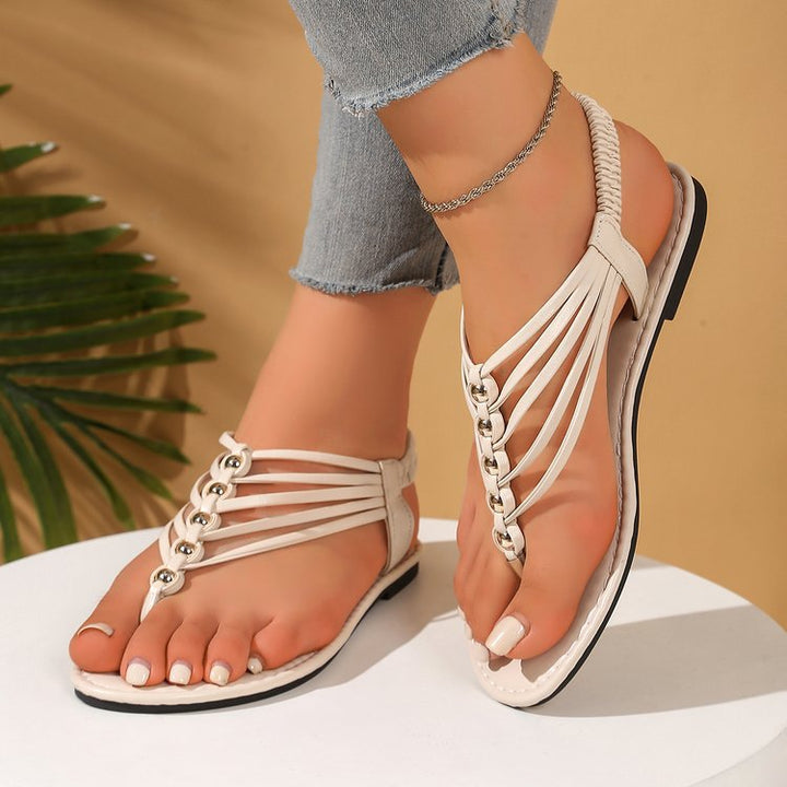 Damen modische und luftige Zehentrenner-Sandalen mit dekorativen Riemen Drune