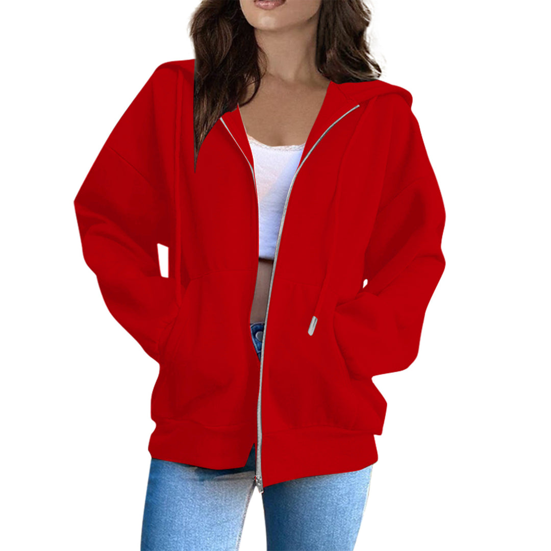 Damen nan lässige Kapuzenjacke mit durchgehendem Reißverschluss, Kängurutaschen und voluminösen Raglanärmeln Drune