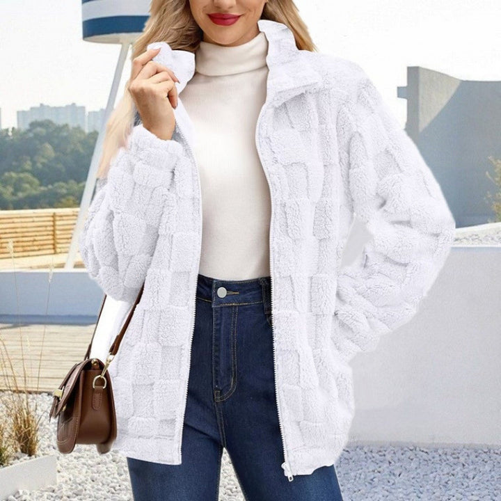 Damen Teddyjacke mit Karo-Struktur, Stehkragen und Reißverschluss Drune