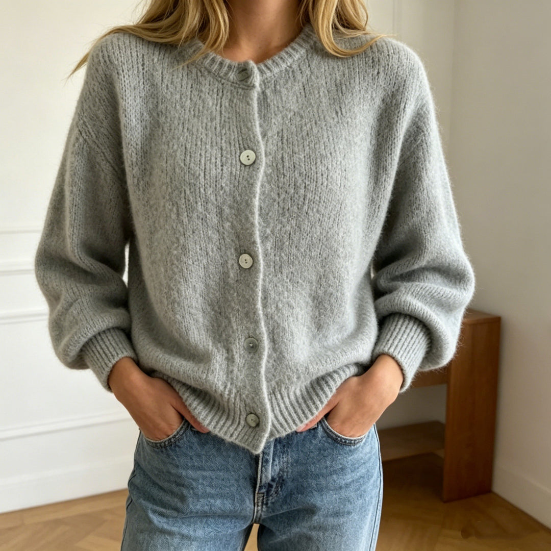 Damen Kuschelige Mohair-Optik Strickjacke mit Rundhals und Ballonärmeln Drune