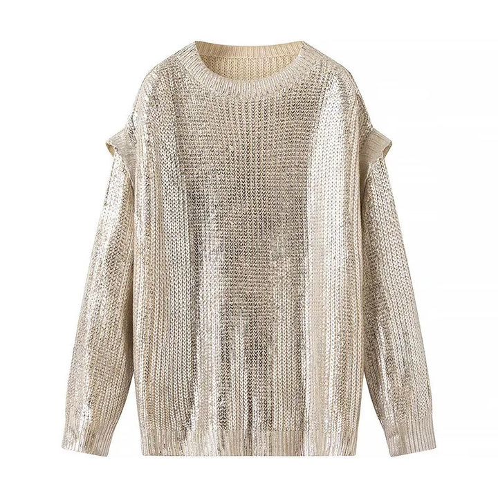 Damen Glänzender Oversize-Strickpullover mit Schulter-Cutouts Drune