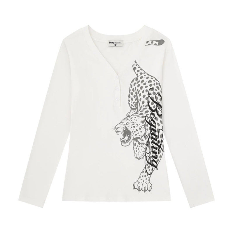 Damen Langarm-Henleyshirt mit V-Ausschnitt und großflächigem Panther-Print Drune