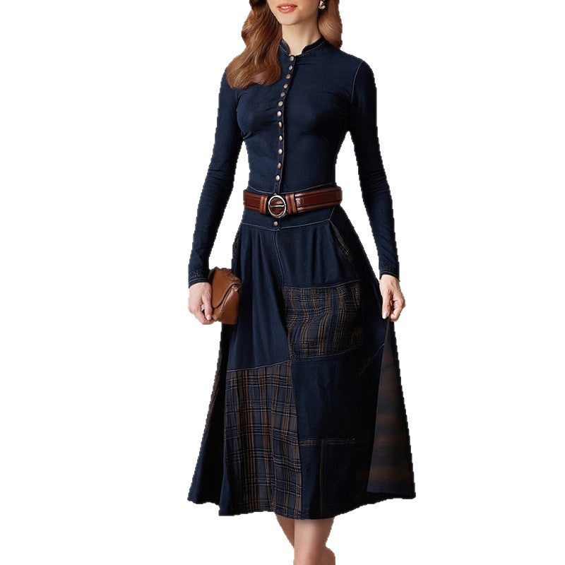 Damen Elegantes Midi-Kleid mit Knopfleiste und Kontrastdetails Drune