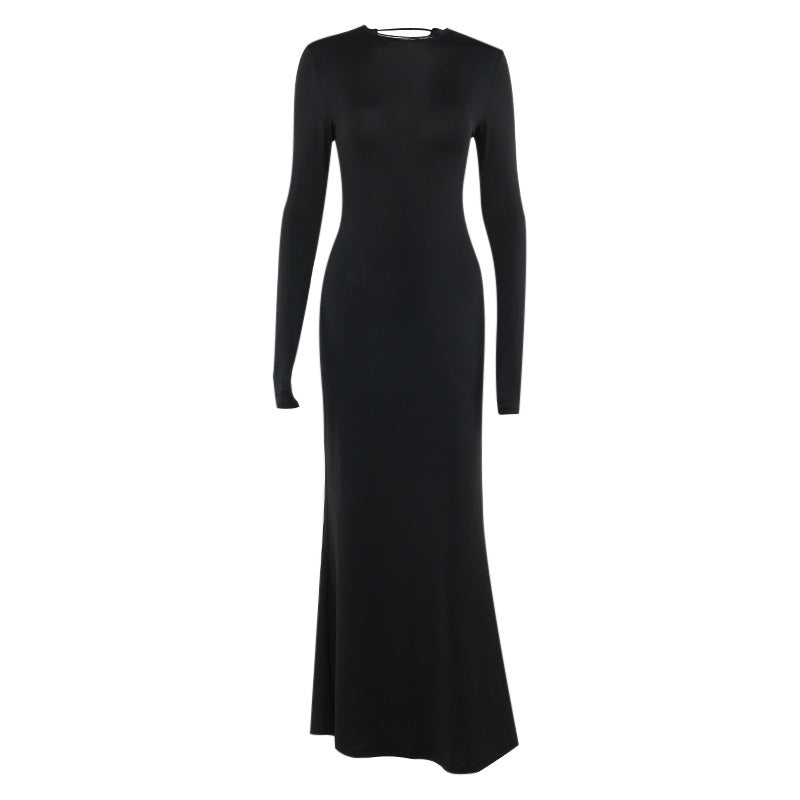 Damen Figurbetontes Maxikleid aus Stretch-Jersey mit langen Ärmeln und rundem Ausschnitt Drune
