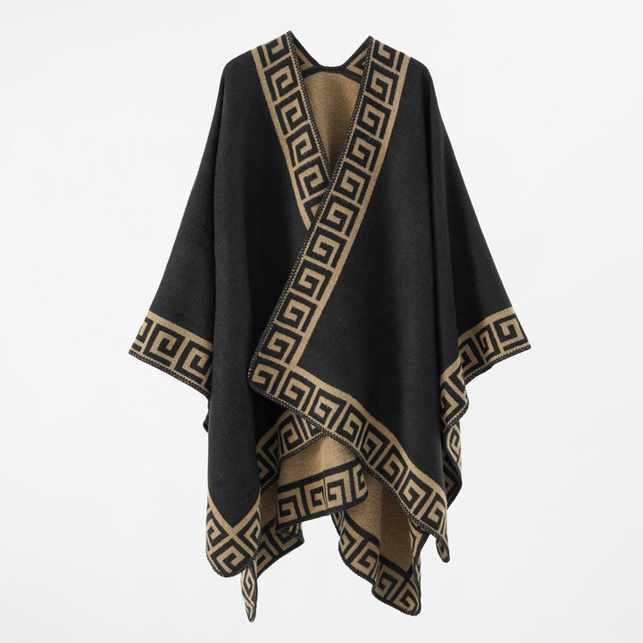 Damen Wollmix-Cape mit griechisch inspiriertem Bordürmuster und offenem Kimonofall Drune