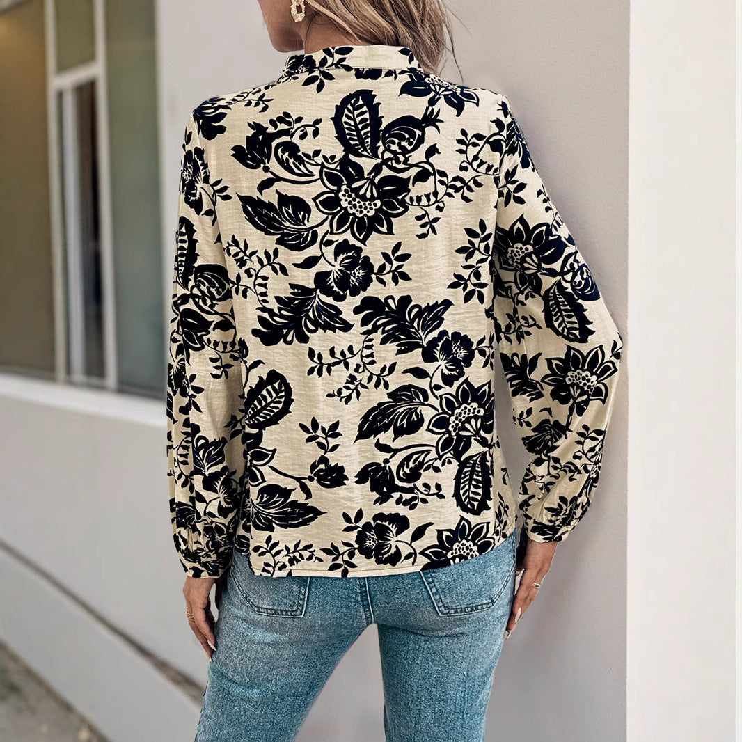 Damen Elegante Bluse mit floralem Mustermix und Stehkragen Drune