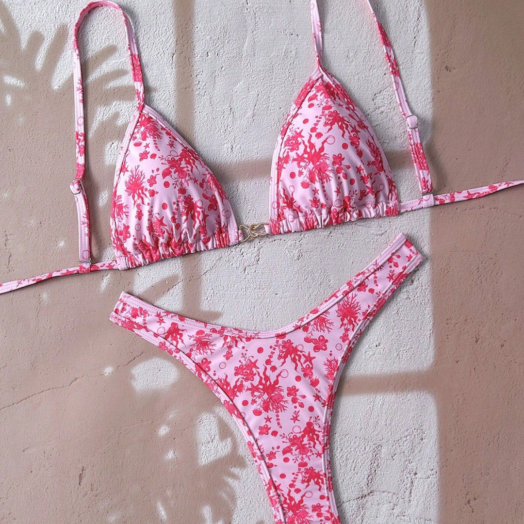 Damen verstellbarer Triangel-Bikini mit floraler Einfassung Drune