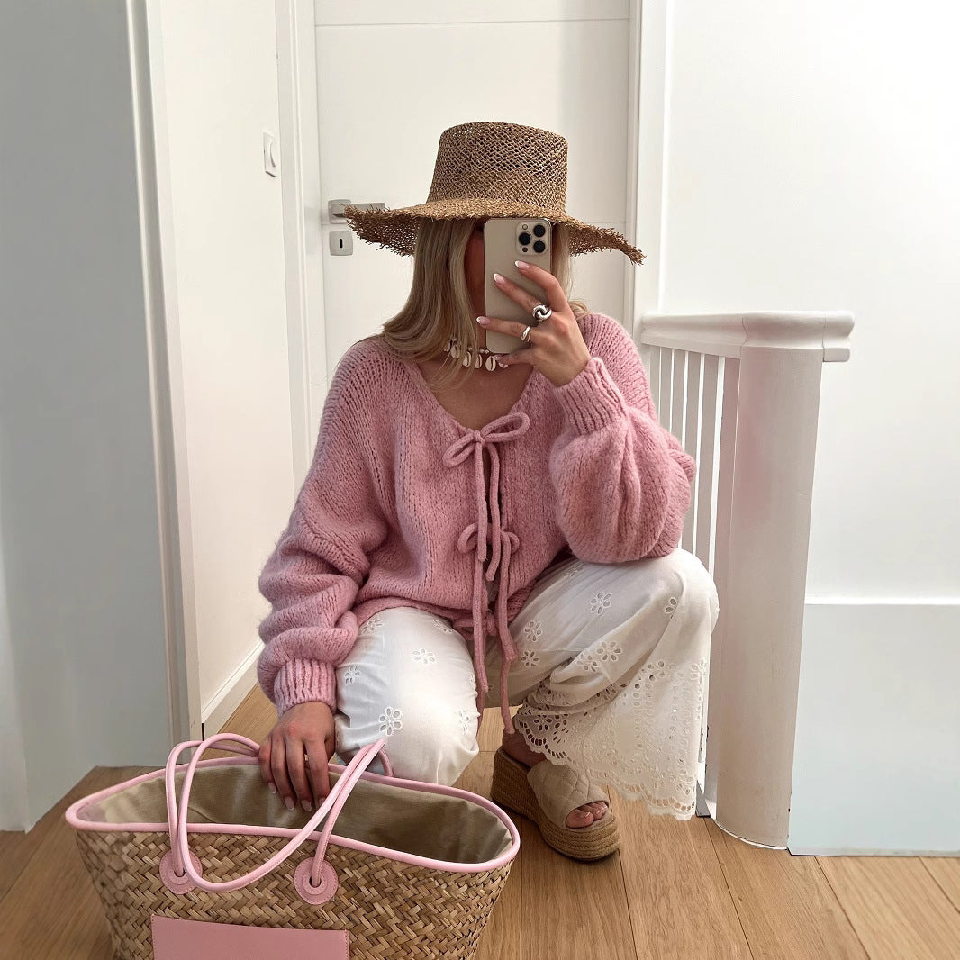 Damen Grobgestrickter Offener Cardigan mit Bindebändern, Oversize‑Silhouette und Raglanärmeln Drune