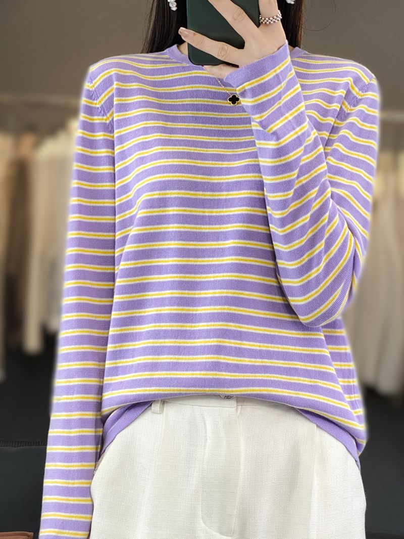 Damen Leichter Baumwollmix-Streifenpullover mit Rundhals, Raglanärmeln und lässiger Silhouette Drune