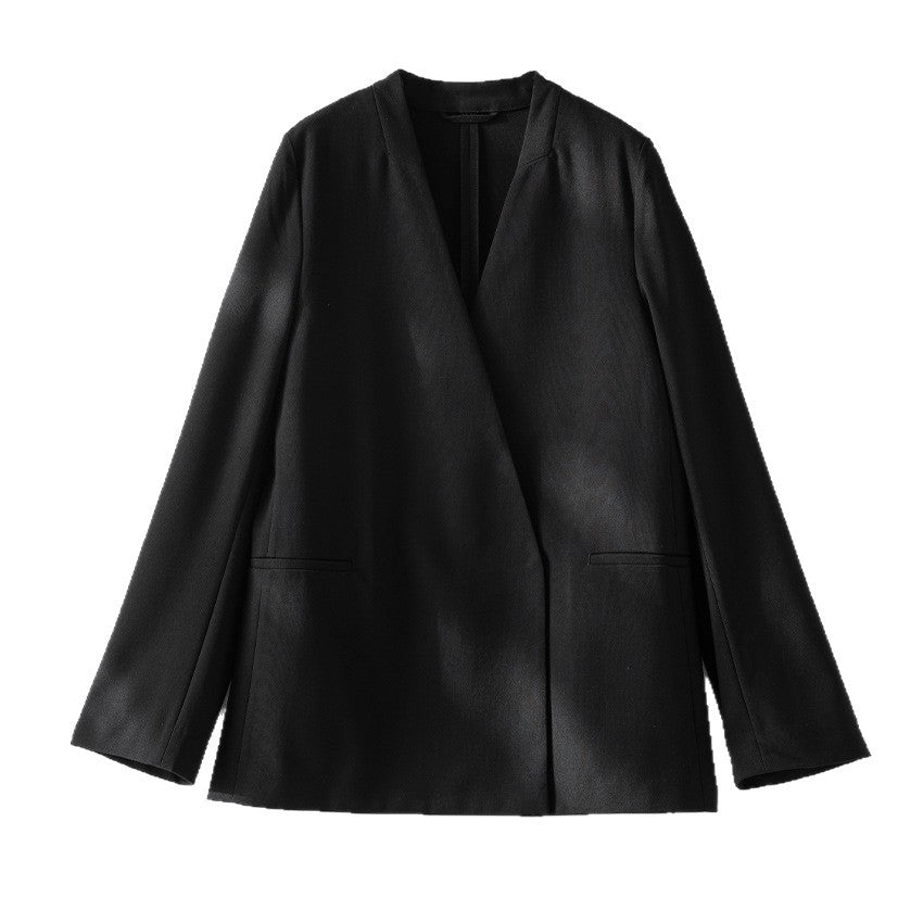 Damen kragenloser Longline-Blazer mit offenem V-Ausschnitt und Eingrifftaschen Drune